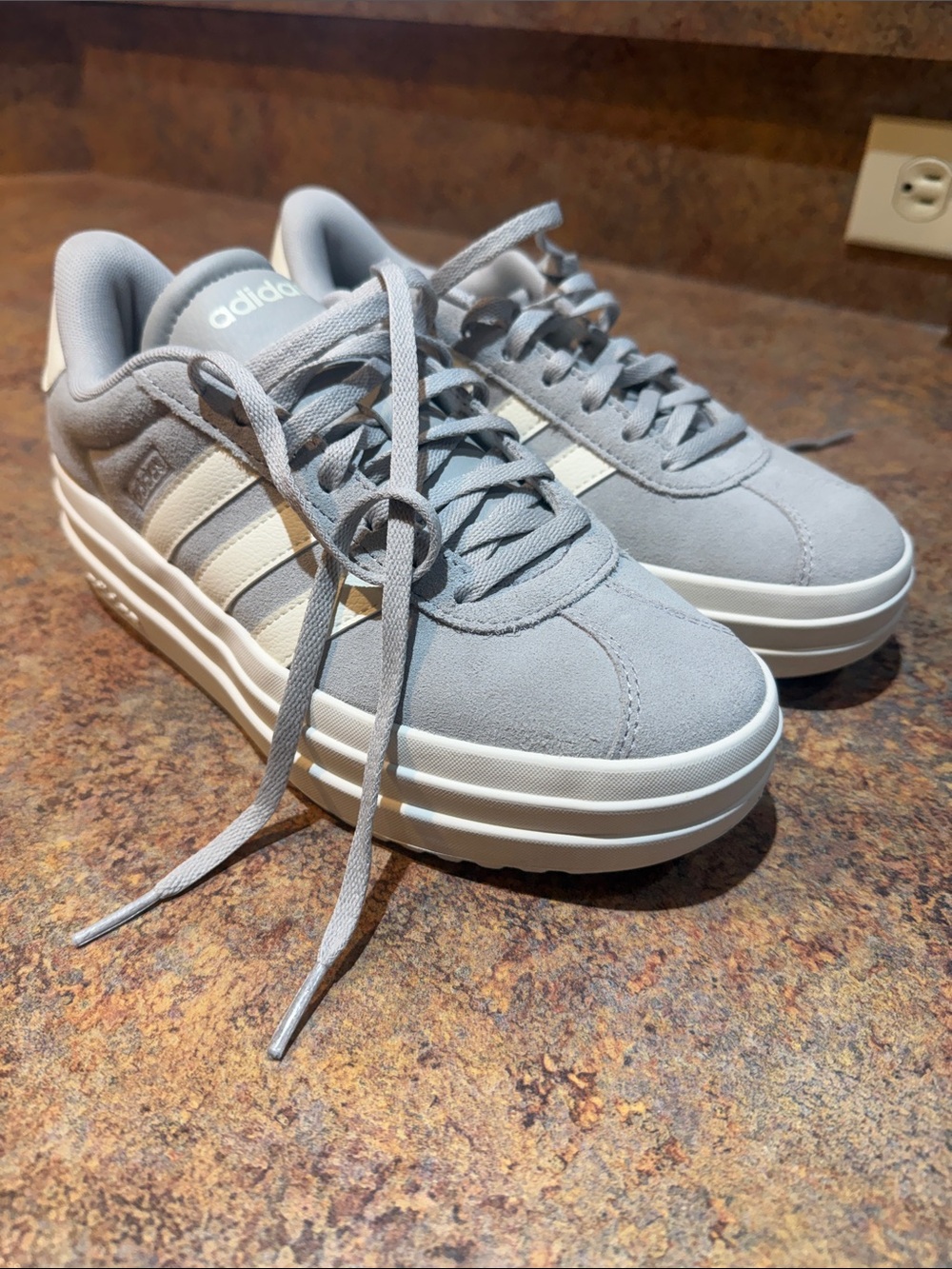 Adidas Light Gray Suede Platform Sneakers with Cream Stripes *like new*